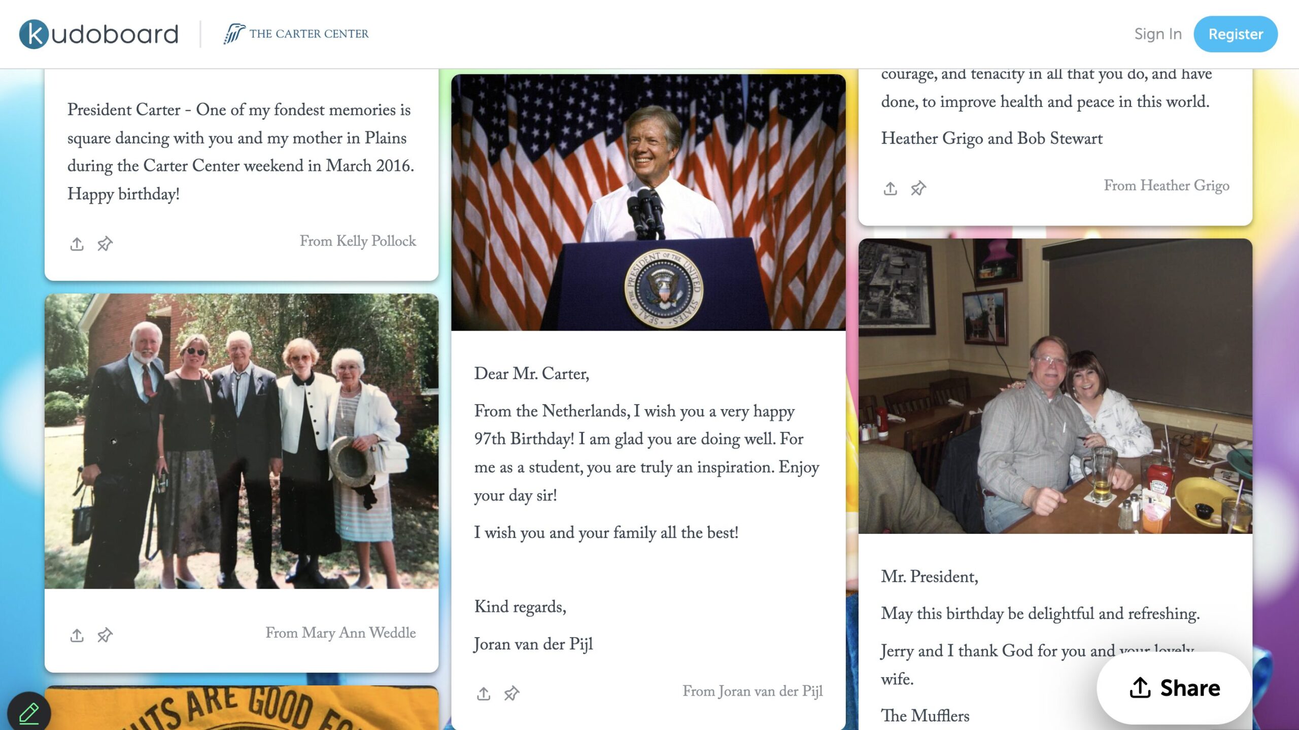 Happy birthday group card for President Jimmy Carter featuring enthusiastic posts from fans
